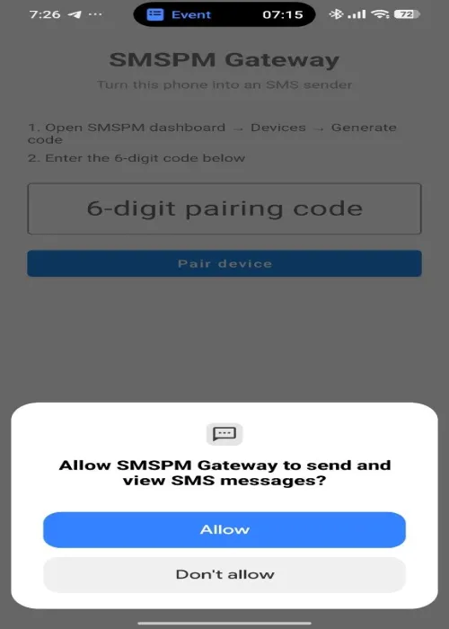 Android permissions dialog for the SMSPM Gateway app requesting Send SMS, Phone State, and Notifications permissions