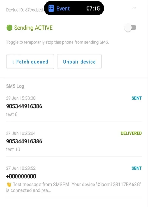 Android phone running the SMSPM Gateway app in the background, paired and ready to send SMS through the phone's SIM card