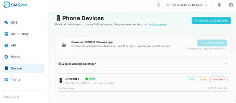SMSPM dashboard Devices page with the Generate pairing code button highlighted, showing how to pair a new Android phone as an SMS gateway